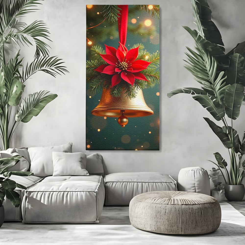 Tablou canvas cu tablou canvas cu clopotel si poinsettia, fara rama, pe sasiu de lemn, pe perete intr-un living